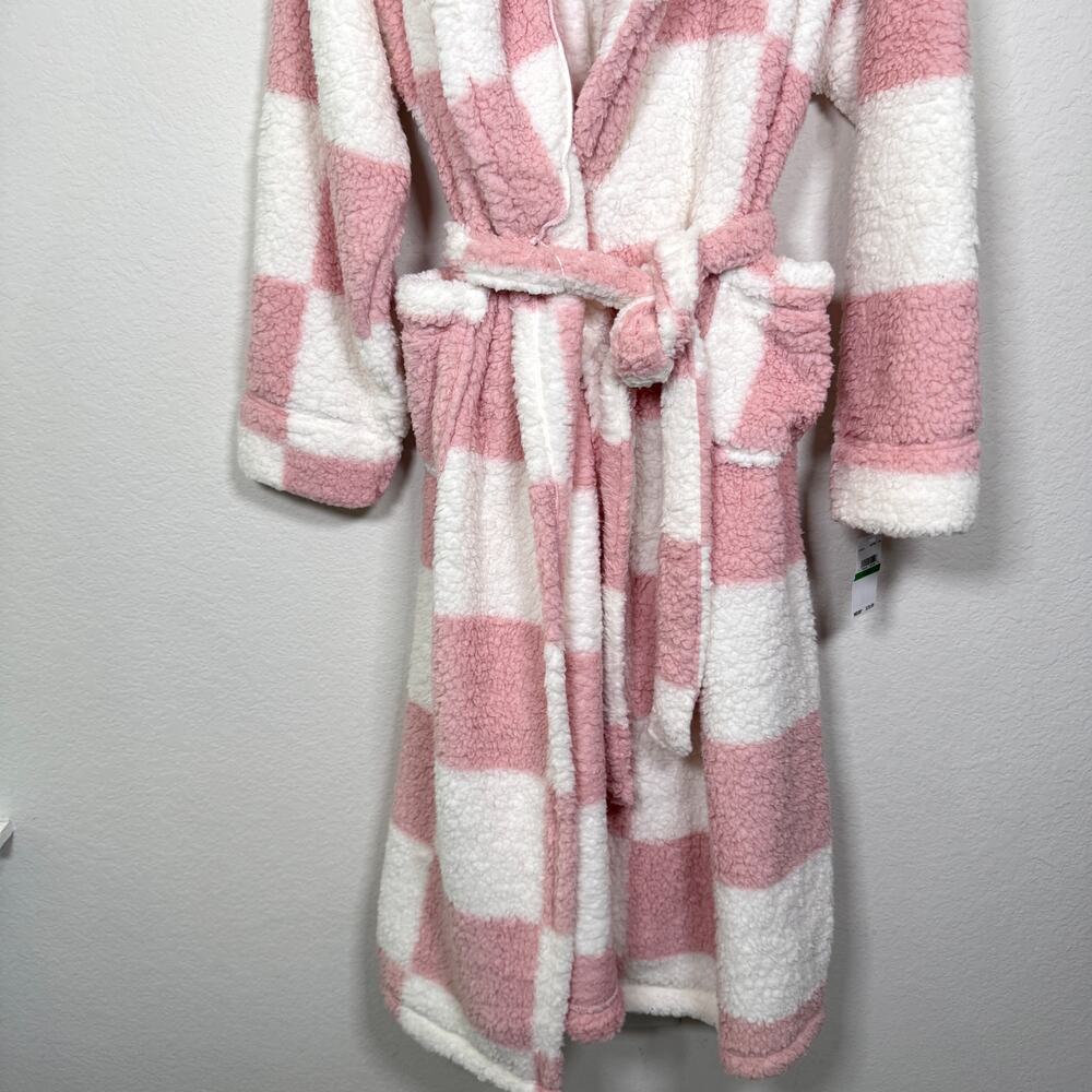 Sancturary Womens Shawl Collar Sherpa Robe Size L/XL Plush Checker Winter Pink - Picture 7 of 14